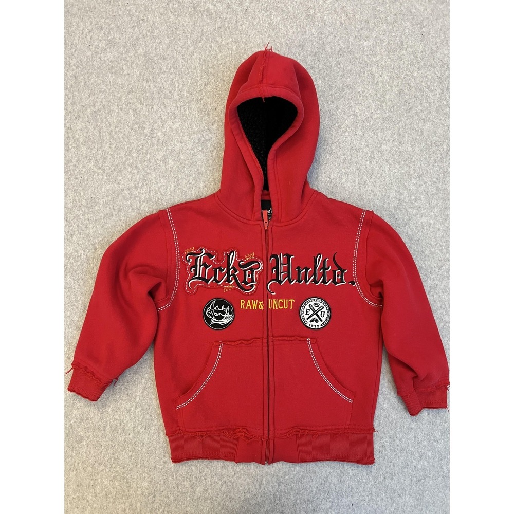 Ecko Unltd. Hoodie Boys 4 Red Full Zip Graphic Logo Fleece Sweatshirt RARE